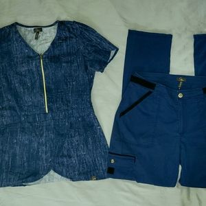 Jaanuu Scrub Set in Denim Blue & Gold size Medium